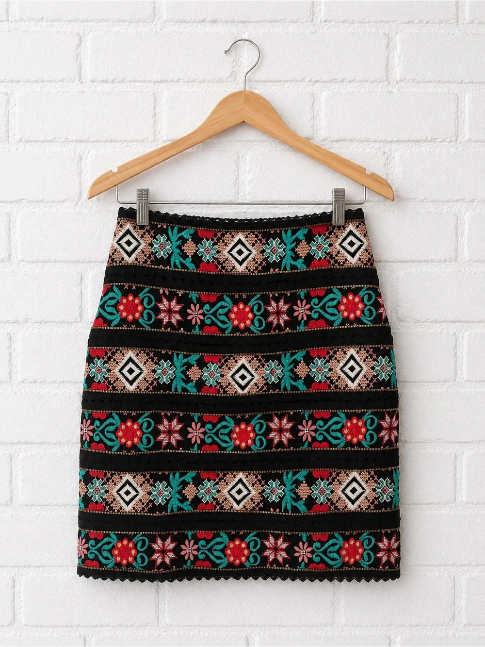 Costarellos Embroidered Black Mini Skirt with Multicolor Geometric Pattern